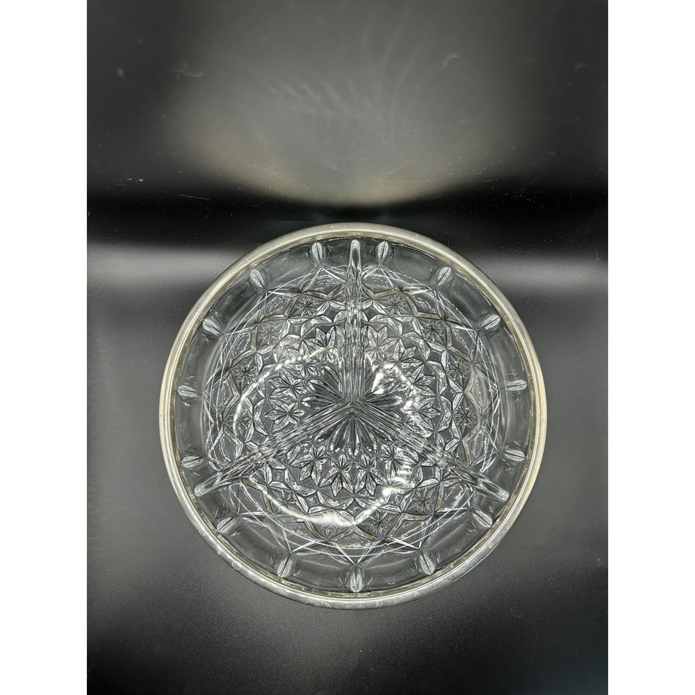 Vintage England Divided Glass Relish Dish Silver Rim Starburst 3 Section 8.25in